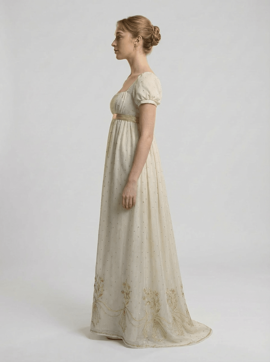 Regency Era Ivory Empire Waist Embroidered Dot Dress with Puff Sleeves and Gold Trim – Bridgerton Inspired Vintage Gown Plus Size - WonderlandByLilian