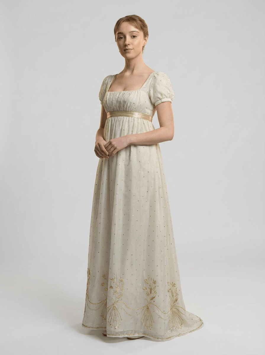 Regency Era Ivory Empire Waist Embroidered Dot Dress with Puff Sleeves and Gold Trim – Bridgerton Inspired Vintage Gown Plus Size - WonderlandByLilian