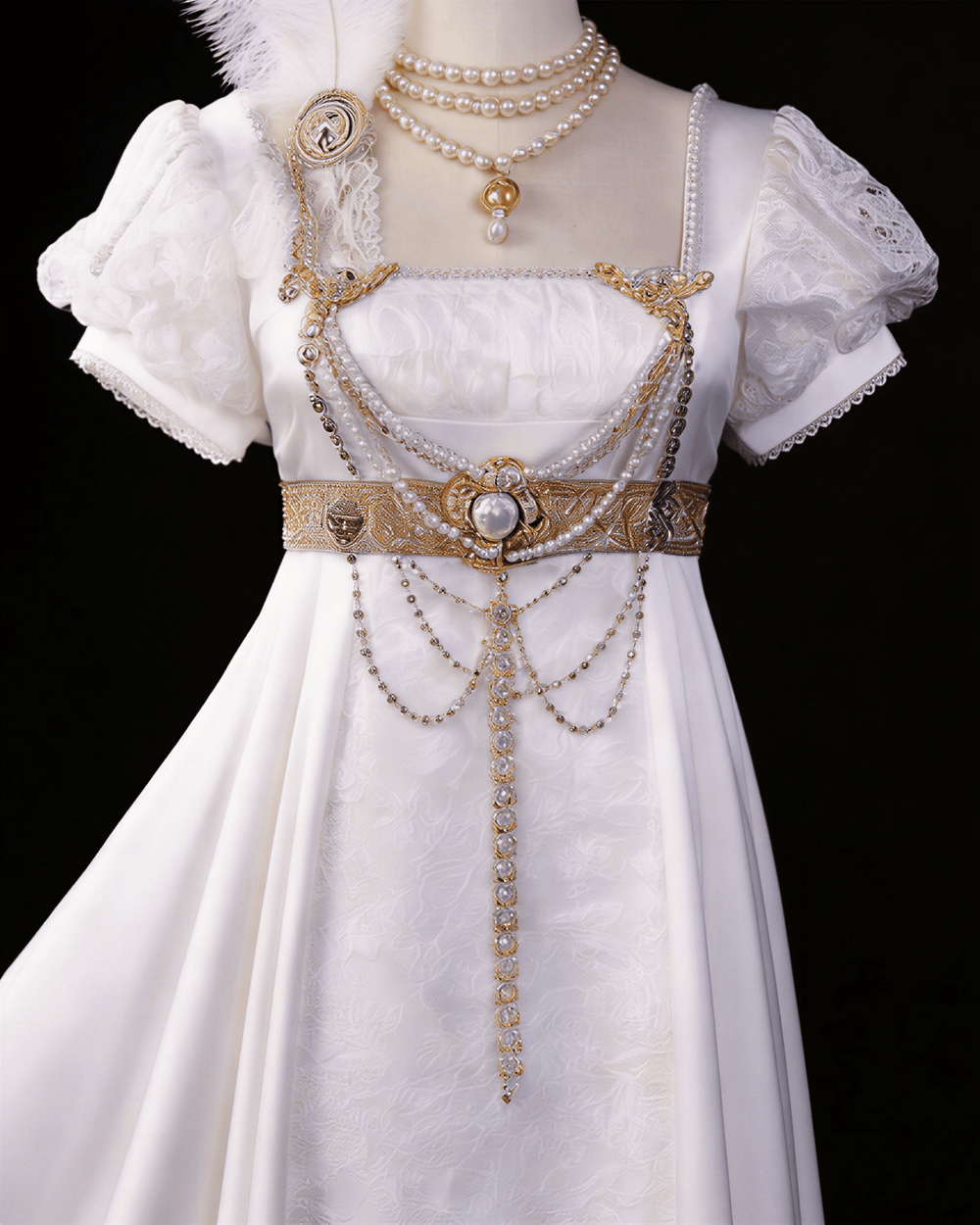 Regency Era Ivory Empire Waist Embroidered Dress with Puff Sleeves and Gold Draped Shawl – Bridgerton Inspired Vintage Gown Plus Size - WonderlandByLilian