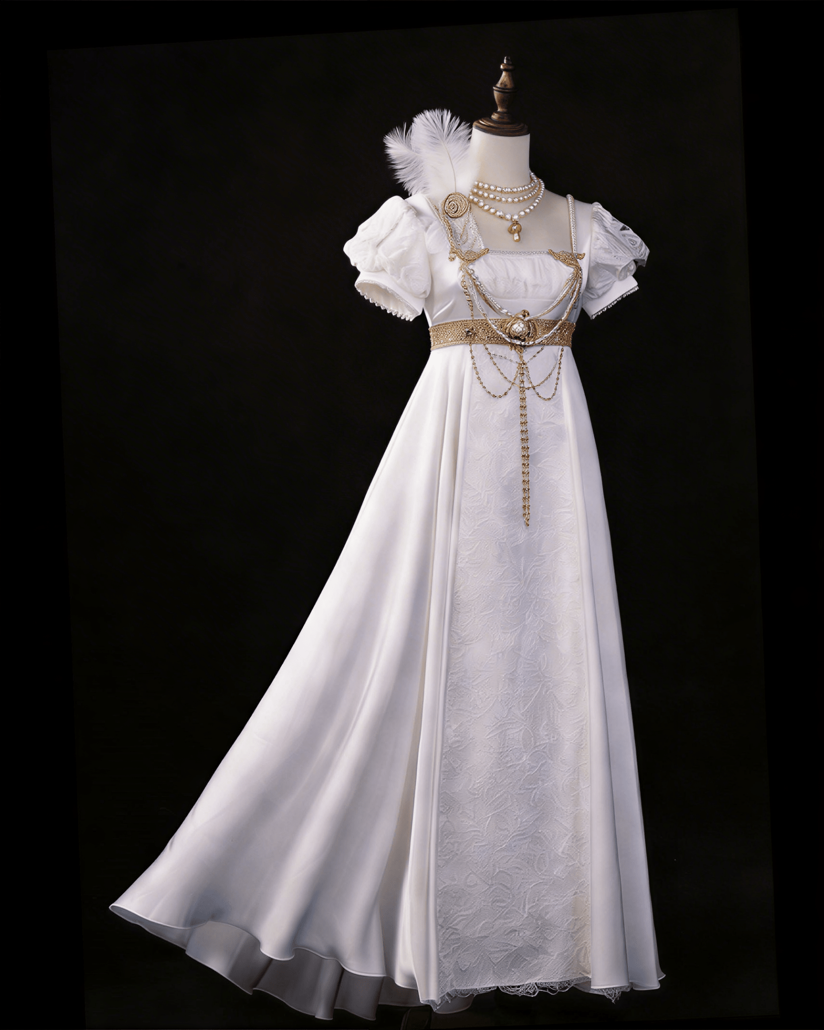Regency Era Ivory Empire Waist Embroidered Dress with Puff Sleeves and ...