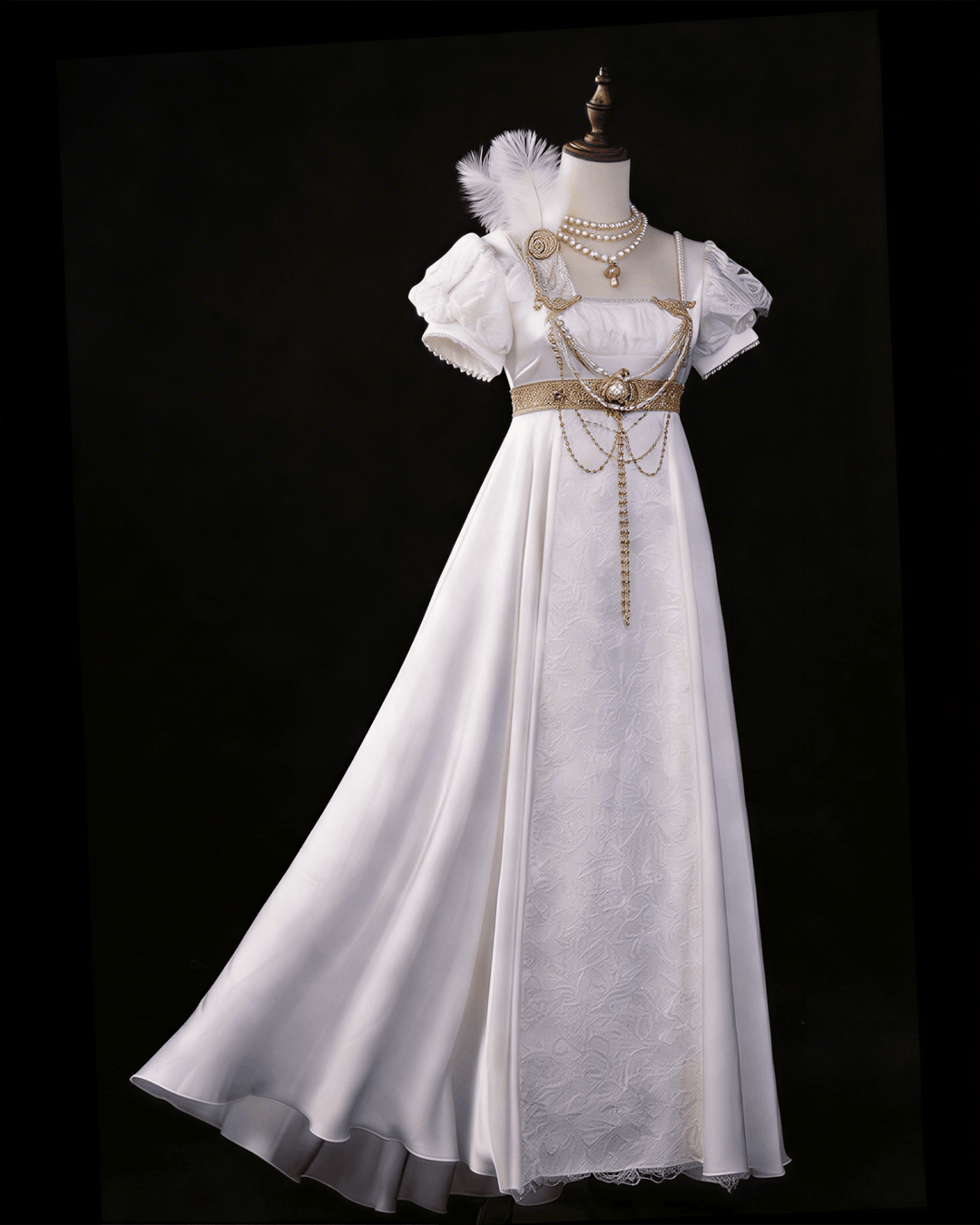 Regency Era Ivory Empire Waist Embroidered Dress with Puff Sleeves and Gold Draped Shawl – Bridgerton Inspired Vintage Gown Plus Size - WonderlandByLilian
