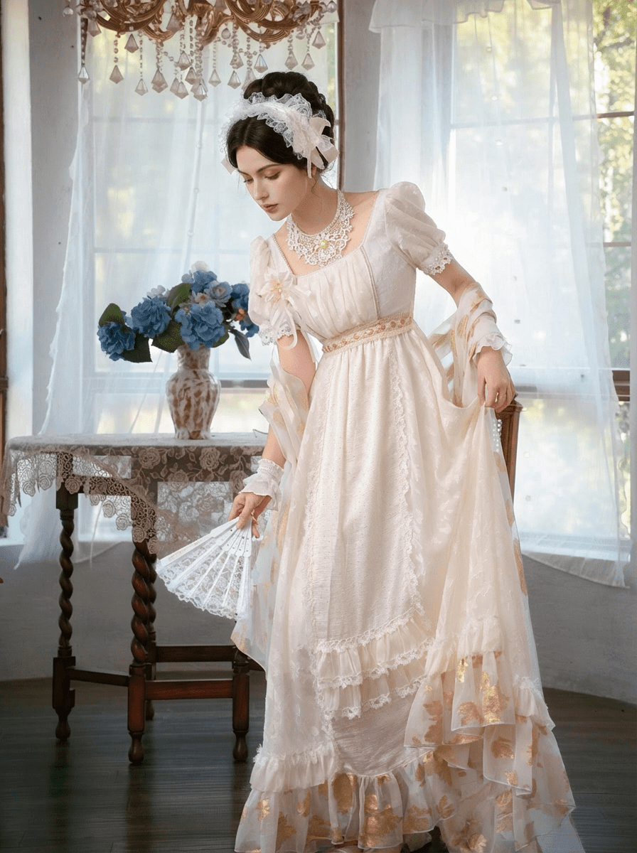 Regency Era Ivory Empire Waist Lace Trim Dress with Puff Sleeves and Layered Ruffle Hem – Bridgerton Inspired Vintage Gown Plus Size - WonderlandByLilian