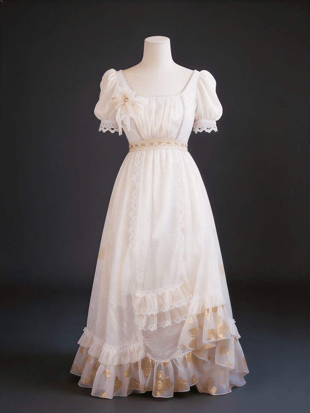 Regency Era Ivory Empire Waist Lace Trim Dress with Puff Sleeves and Layered Ruffle Hem – Bridgerton Inspired Vintage Gown Plus Size - WonderlandByLilian