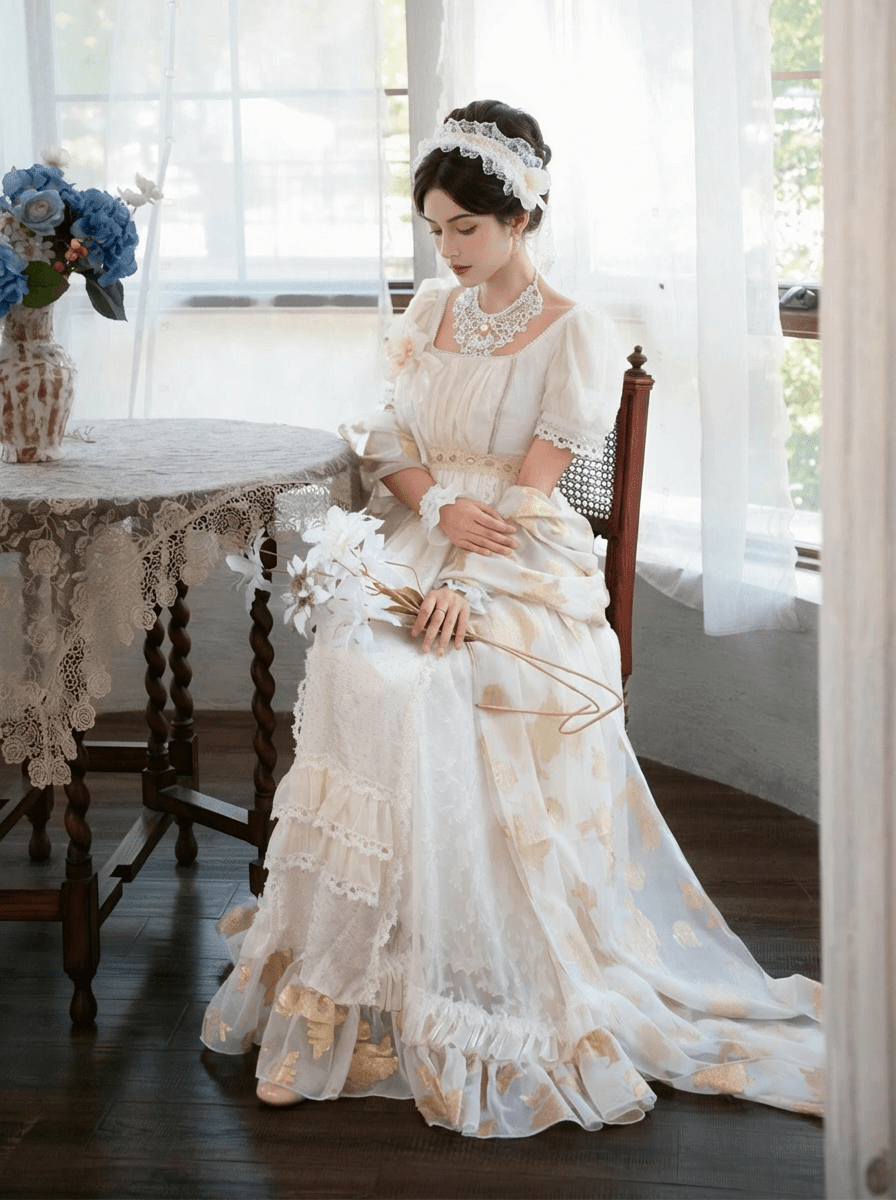 vintage lace empire waist wedding dress Regency Era Ivory Empire Waist Lace Trim Dress with Puff Sleeves and Layered Ruffle Hem – Bridgerton Inspired Vintage Gown Plus Size Size 6 / Ivory /