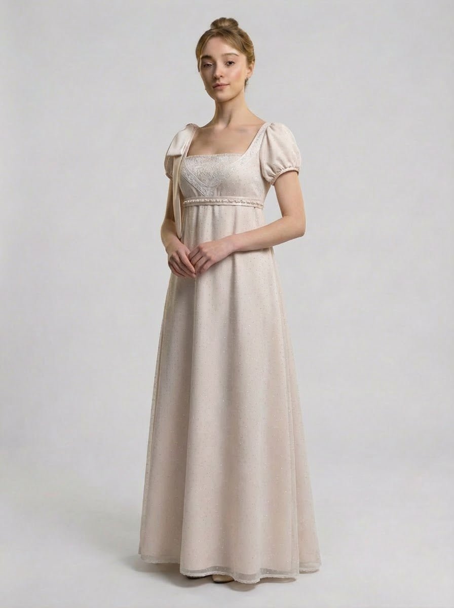 Regency Era Ivory Empire Waist Satin Dress with Puff Sleeves and Square Neckline – Vintage Inspired Gown Plus Size - WonderlandByLilian