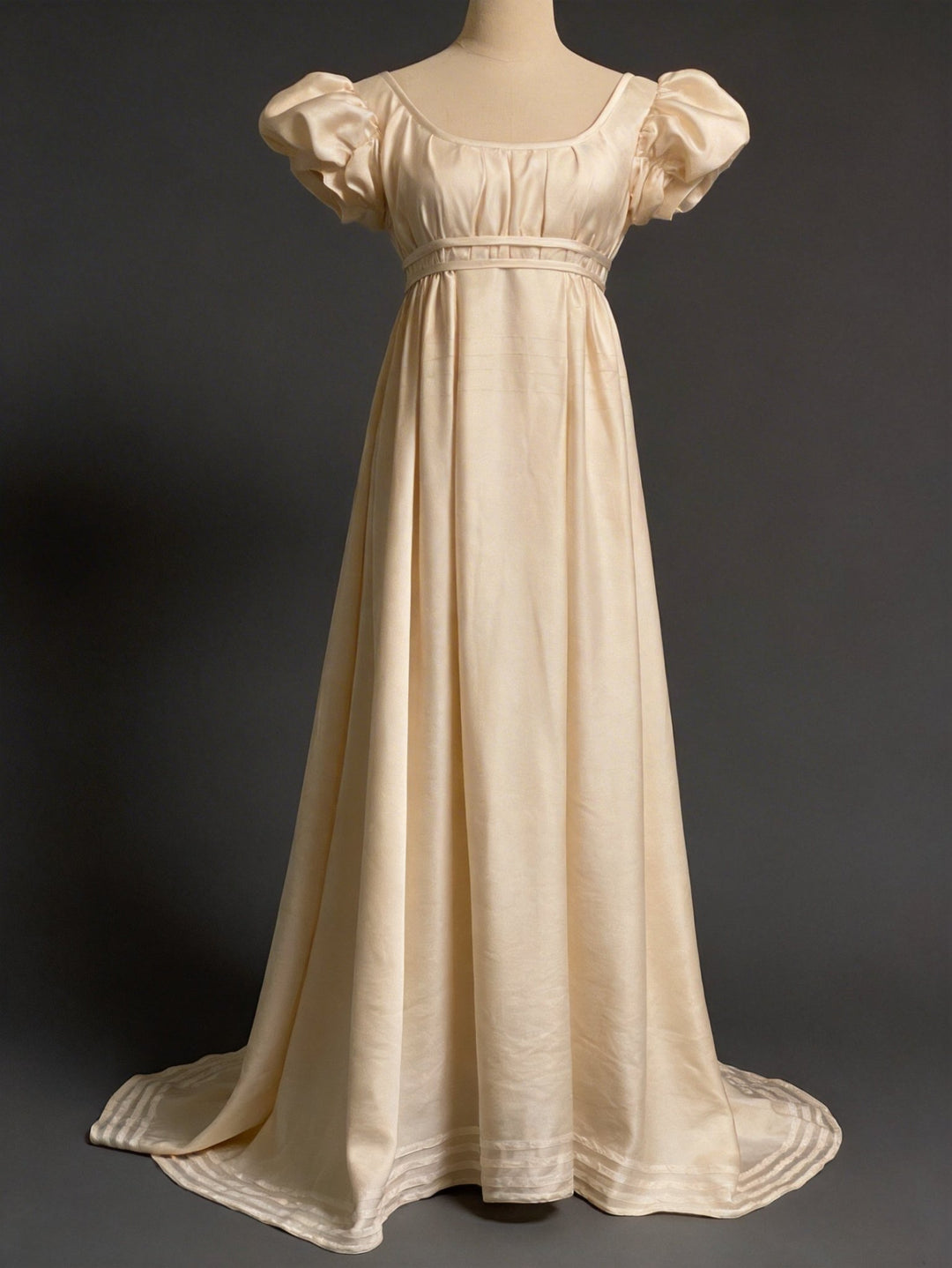 Regency Era Ivory Empire Waist Satin Dress with Puff Sleeves – Bridgerton Inspired Vintage Gown Plus Size - WonderlandByLilian