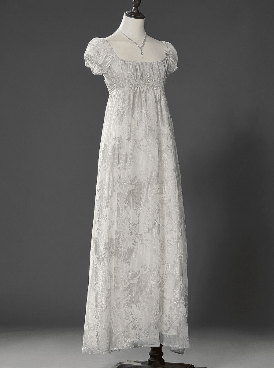 Regency Era Ivory Lace Empire Waist Vintage Gown with Puff Sleeves and Embroidered Blue Shawl – Bridgerton Inspired Dress Plus Size - WonderlandByLilian