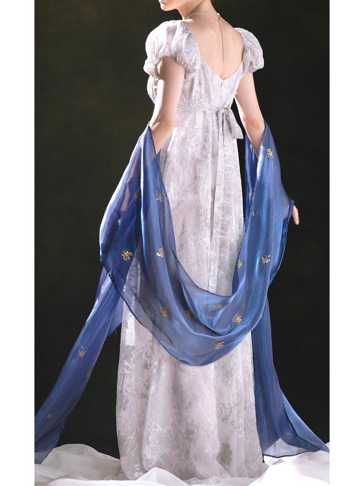 Regency Era Ivory Lace Empire Waist Vintage Gown with Puff Sleeves and Embroidered Blue Shawl – Bridgerton Inspired Dress Plus Size - WonderlandByLilian