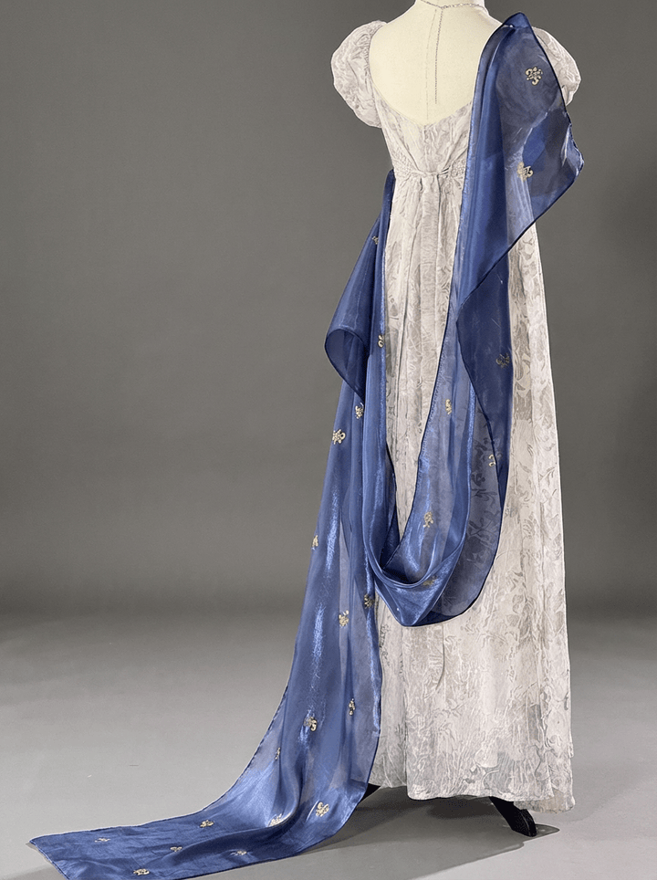 Regency Era Ivory Lace Empire Waist Vintage Gown with Puff Sleeves and Embroidered Blue Shawl – Bridgerton Inspired Dress Plus Size - WonderlandByLilian