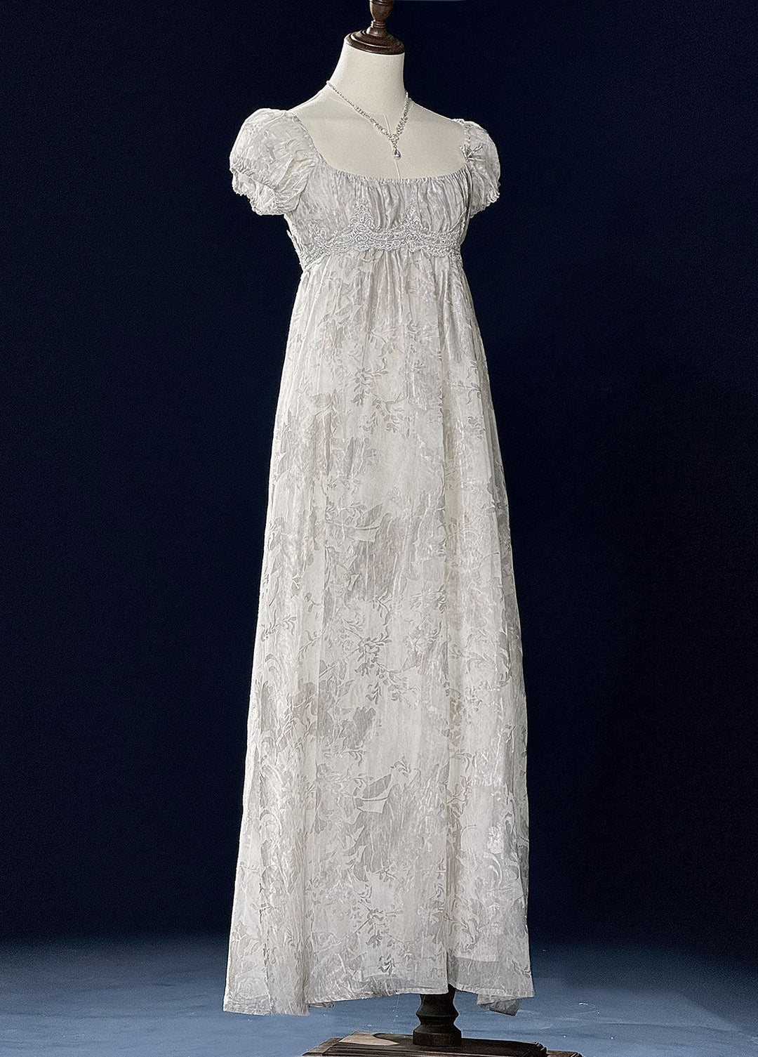 Regency Era Ivory Lace Empire Waist Vintage Gown with Puff Sleeves and Embroidered Blue Shawl – Bridgerton Inspired Dress Plus Size - WonderlandByLilian