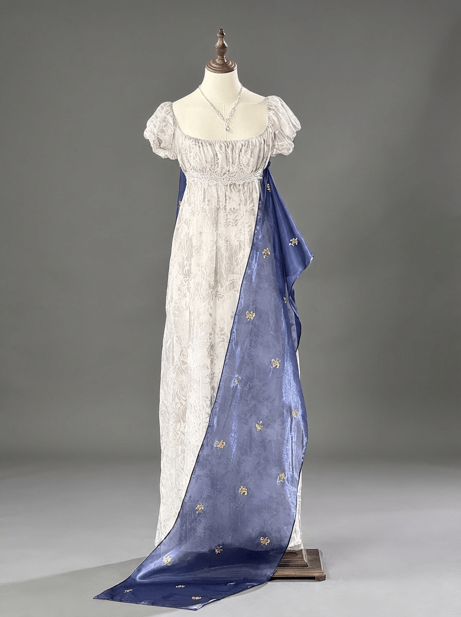 Regency Era Ivory Lace Empire Waist Vintage Gown with Puff Sleeves and Embroidered Blue Shawl – Bridgerton Inspired Dress Plus Size - WonderlandByLilian