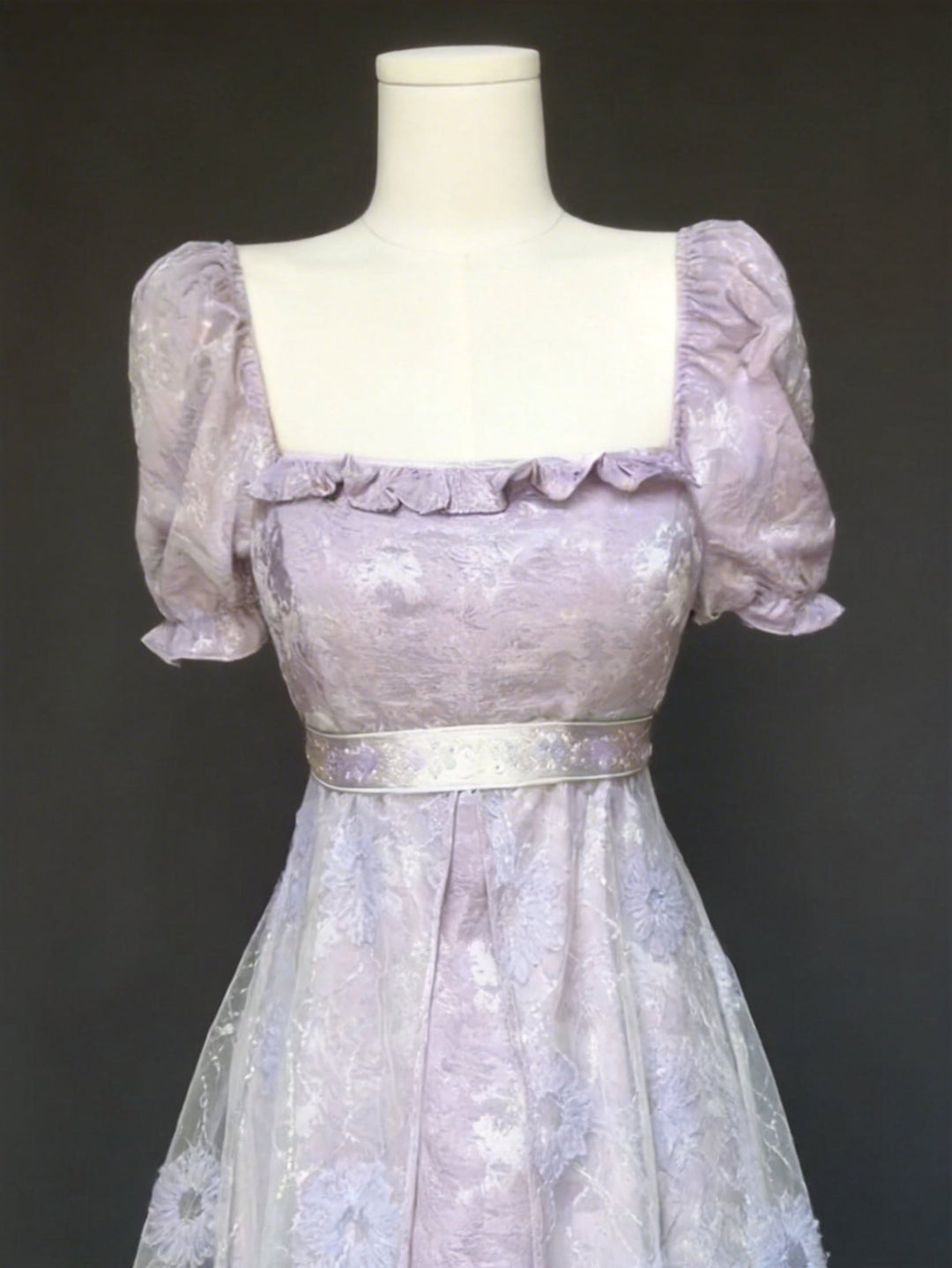Regency Era Lavender Lace Empire Waist Vintage Gown with Sheer Puff Sleeves and Matching Shawl – Bridgerton Inspired Dress Plus Size - WonderlandByLilian