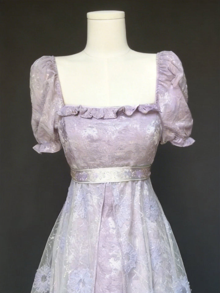 Regency Era Lavender Lace Empire Waist Vintage Gown with Sheer Puff Sleeves and Matching Shawl – Bridgerton Inspired Dress Plus Size - WonderlandByLilian