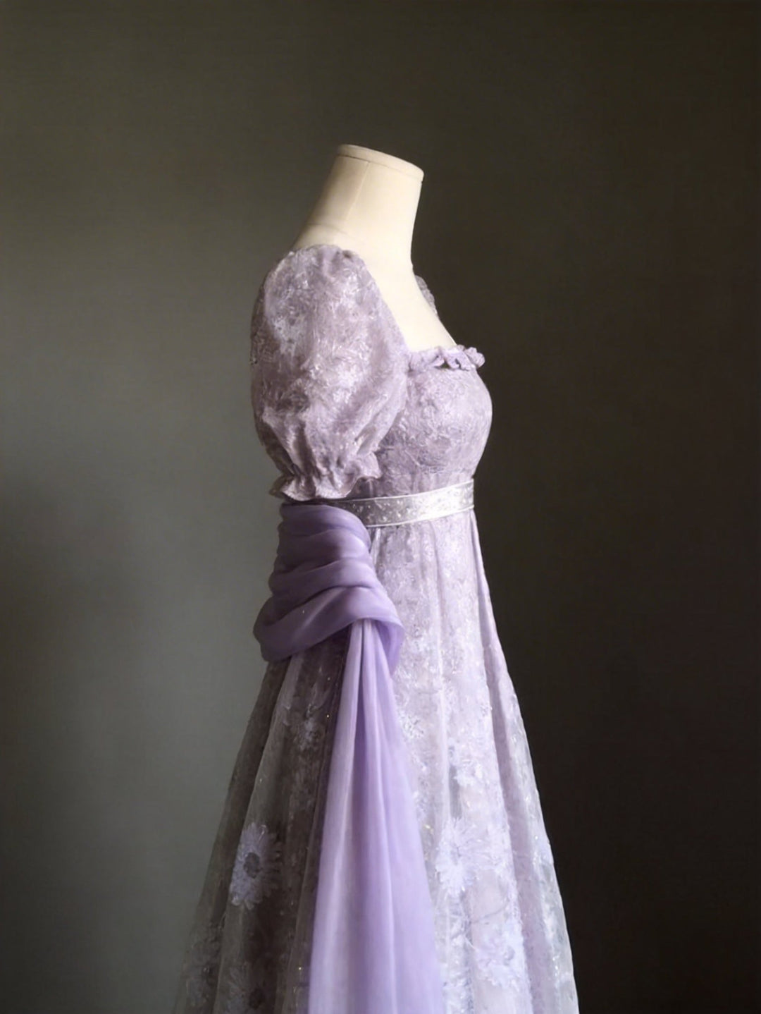 Regency Era Lavender Lace Empire Waist Vintage Gown with Sheer Puff Sleeves and Matching Shawl – Bridgerton Inspired Dress Plus Size - WonderlandByLilian