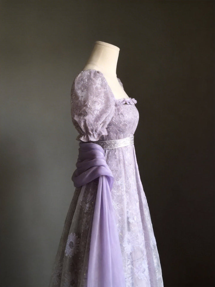 Regency Era Lavender Lace Empire Waist Vintage Gown with Sheer Puff Sleeves and Matching Shawl – Bridgerton Inspired Dress Plus Size - WonderlandByLilian