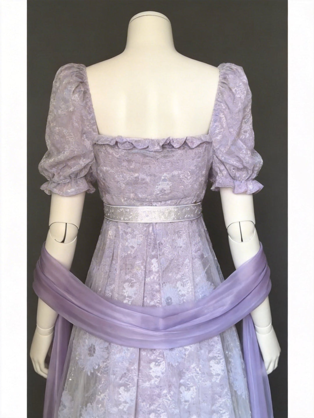 Regency Era Lavender Lace Empire Waist Vintage Gown with Sheer Puff Sleeves and Matching Shawl – Bridgerton Inspired Dress Plus Size - WonderlandByLilian