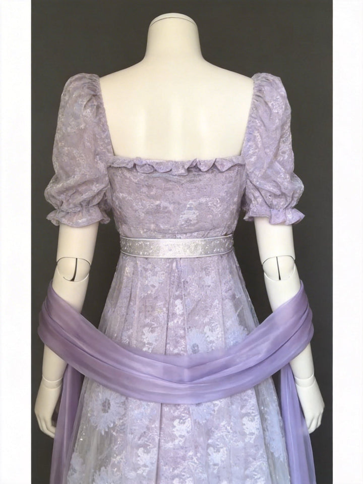 Regency Era Lavender Lace Empire Waist Vintage Gown with Sheer Puff Sleeves and Matching Shawl – Bridgerton Inspired Dress Plus Size - WonderlandByLilian