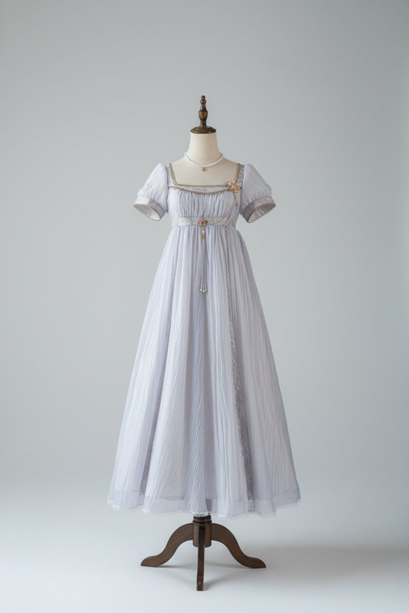 Regency Era Lavender Puprple Empire Waist Dress with Puff Sleeves and Gold Trim – Bridgerton Inspired Regency Era Dress Plus Size - WonderlandByLilian