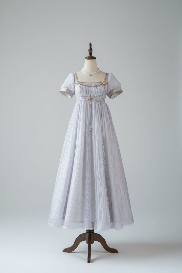 Regency Era Lavender Puprple Empire Waist Dress with Puff Sleeves and Gold Trim – Bridgerton Inspired Regency Era Dress Plus Size - WonderlandByLilian