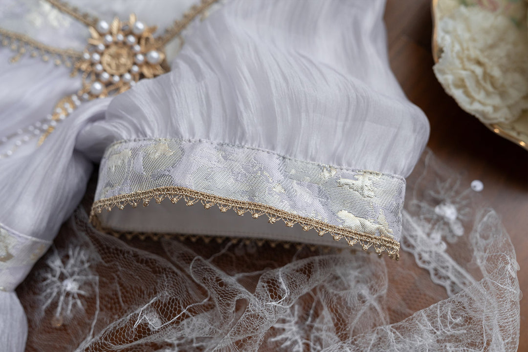 Regency Era Lavender Puprple Empire Waist Dress with Puff Sleeves and Gold Trim – Bridgerton Inspired Regency Era Dress Plus Size - WonderlandByLilian