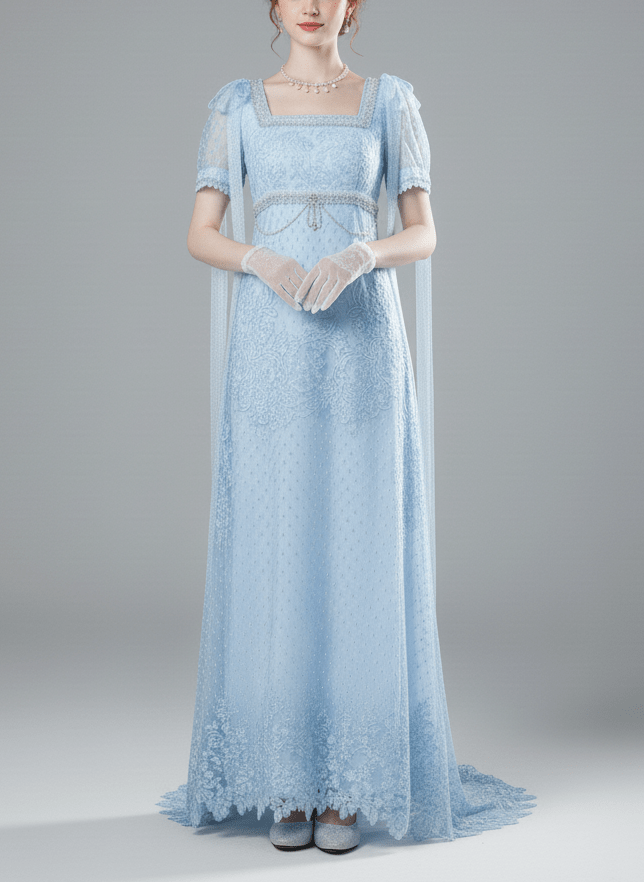 Regency Era Light Blue Empire Waist Dress with Puff Sleeves and Lace Overlay – Bridgerton Inspired Gown Plus Size - WonderlandByLilian