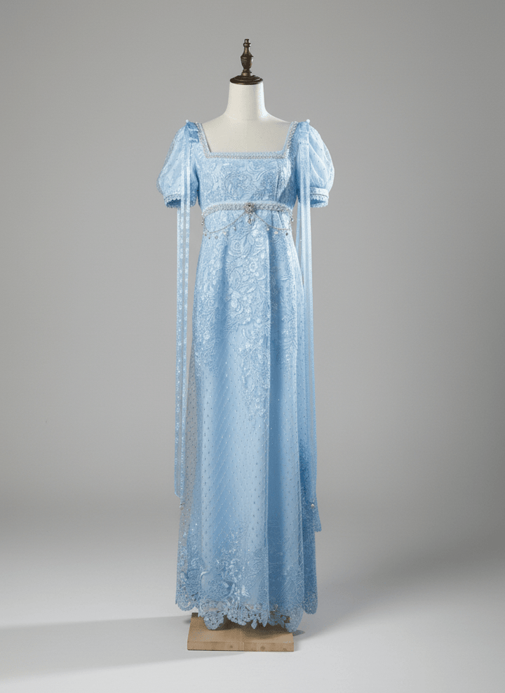 Regency Era Light Blue Empire Waist Dress with Puff Sleeves and Lace Overlay – Bridgerton Inspired Gown Plus Size - WonderlandByLilian