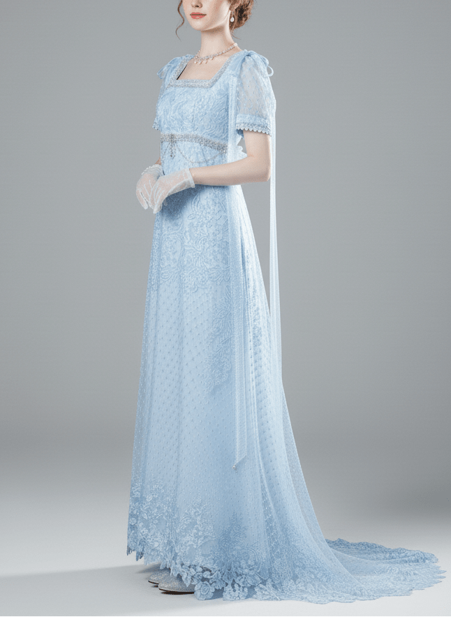 Regency Era Light Blue Empire Waist Dress with Puff Sleeves and Lace Overlay – Bridgerton Inspired Gown Plus Size Size 28W / Light Blue