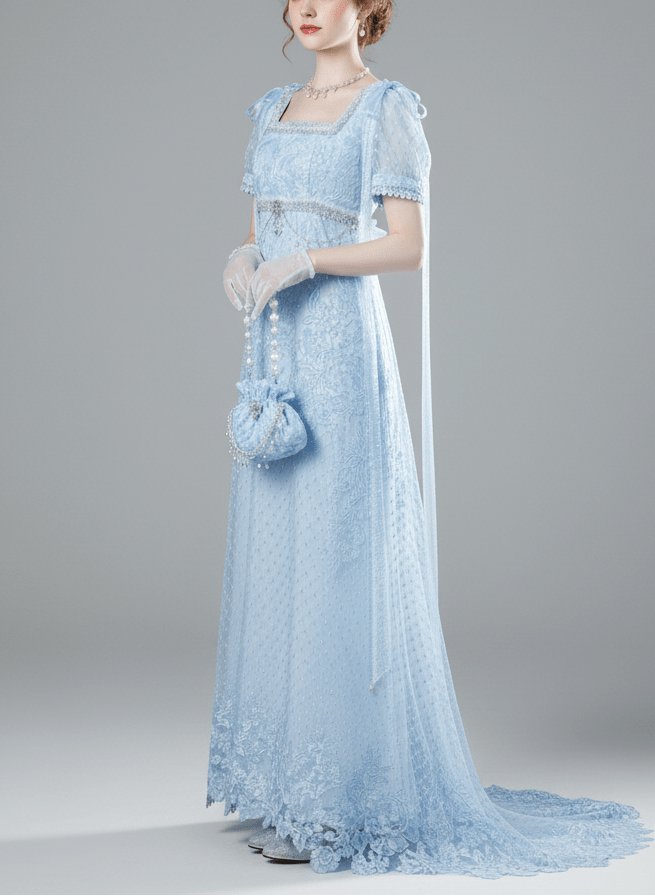 Regency Era Light Blue Empire Waist Dress with Puff Sleeves and Lace Overlay – Bridgerton Inspired Gown Plus Size Size 28W / Light Blue