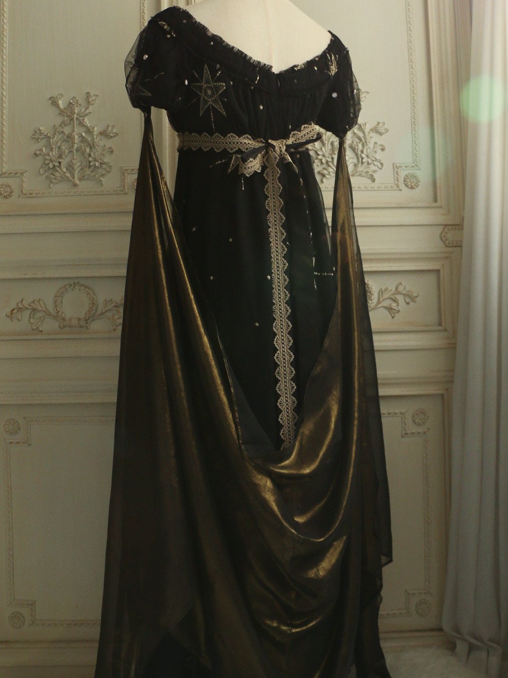 Regency Era Midnight Black Star Embroidered Empire Waist Gown – Bridgerton Inspired Dress Plus Size - WonderlandByLilian