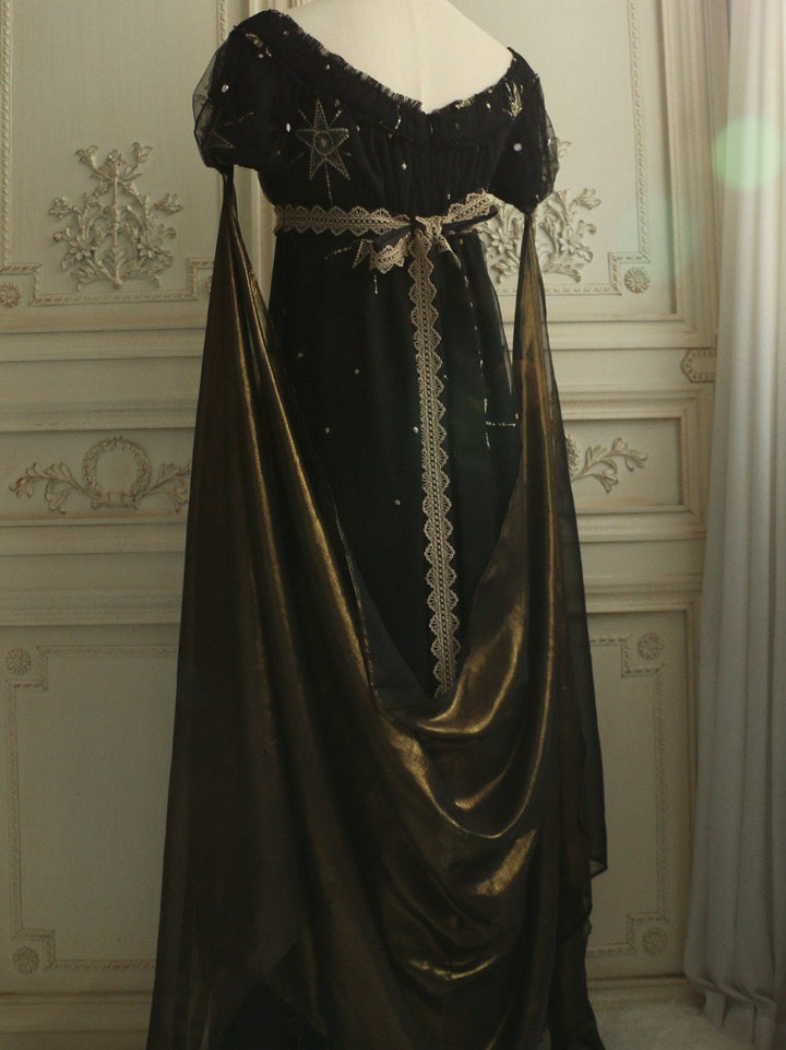 Regency Era Midnight Black Star Embroidered Empire Waist Gown – Bridgerton Inspired Dress Plus Size - WonderlandByLilian