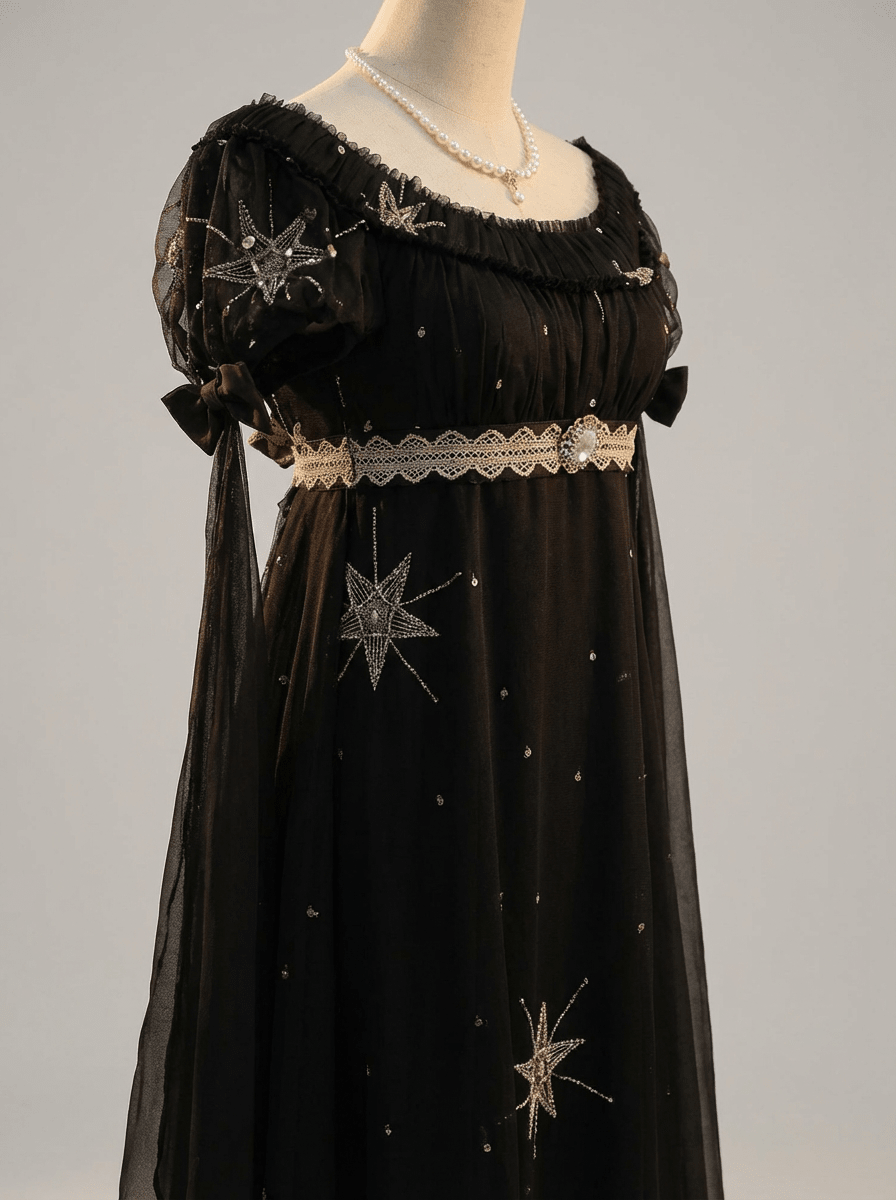 Regency Era Midnight Black Star Embroidered Empire Waist Gown – Bridgerton Inspired Dress Plus Size - WonderlandByLilian