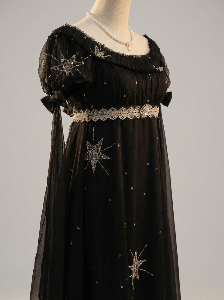 Regency Era Midnight Black Star Embroidered Empire Waist Gown – Bridgerton Inspired Dress Plus Size - WonderlandByLilian