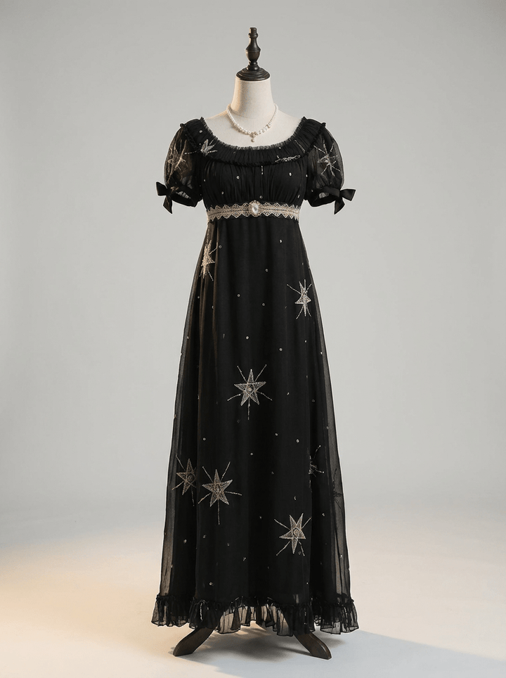 Regency Era Midnight Black Star Embroidered Empire Waist Gown – Bridgerton Inspired Dress Plus Size - WonderlandByLilian