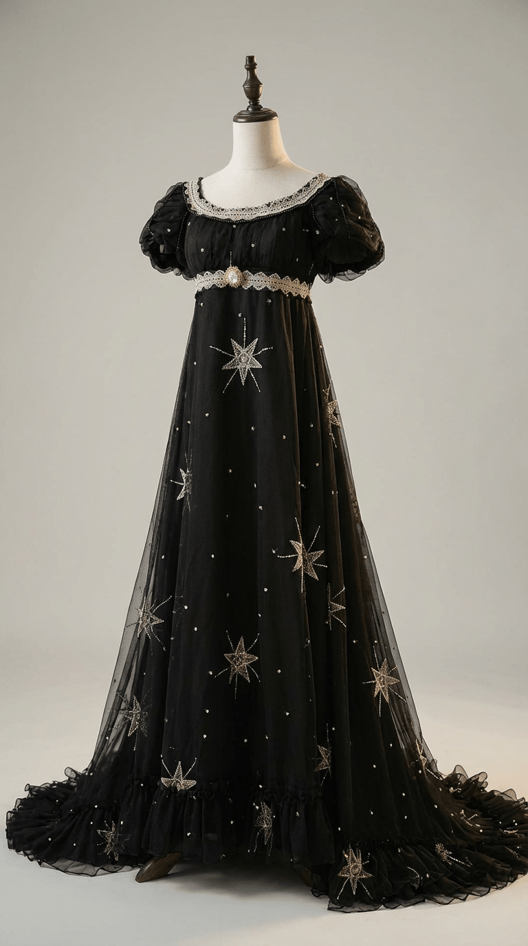 Regency Era Midnight Black Star Embroidered Empire Waist Gown – Bridgerton Inspired Dress Plus Size - WonderlandByLilian