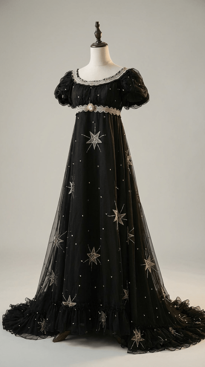 Regency Era Midnight Black Star Embroidered Empire Waist Gown – Bridgerton Inspired Dress Plus Size - WonderlandByLilian