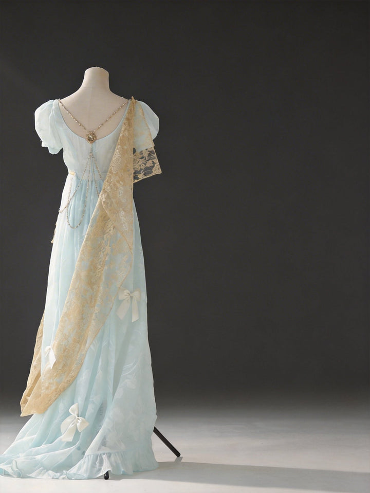 Regency Era Mint Green Empire Waist Chiffon Dress with Puff Sleeves and Gold Chain Detail – Bridgerton Inspired Vintage Gown Plus Size - WonderlandByLilian