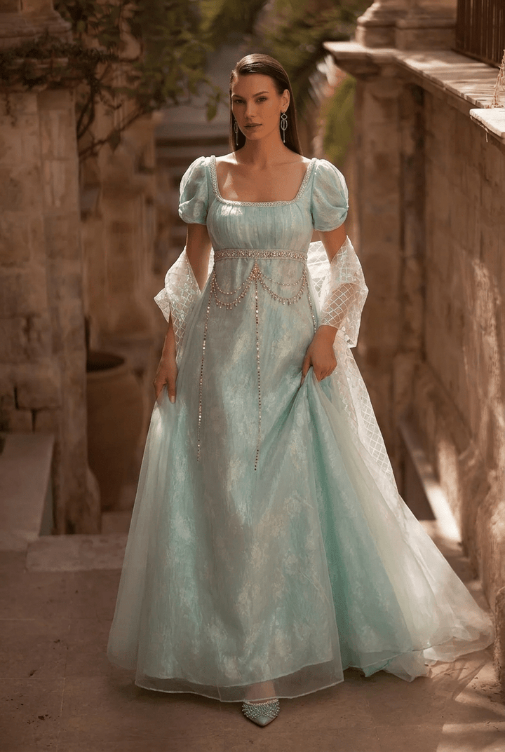 Regency Era Mint Green Empire Waist Gown with Crystal Pearl Chain Detail – Bridgerton Inspired Evening Dress Plus Size - WonderlandByLilian