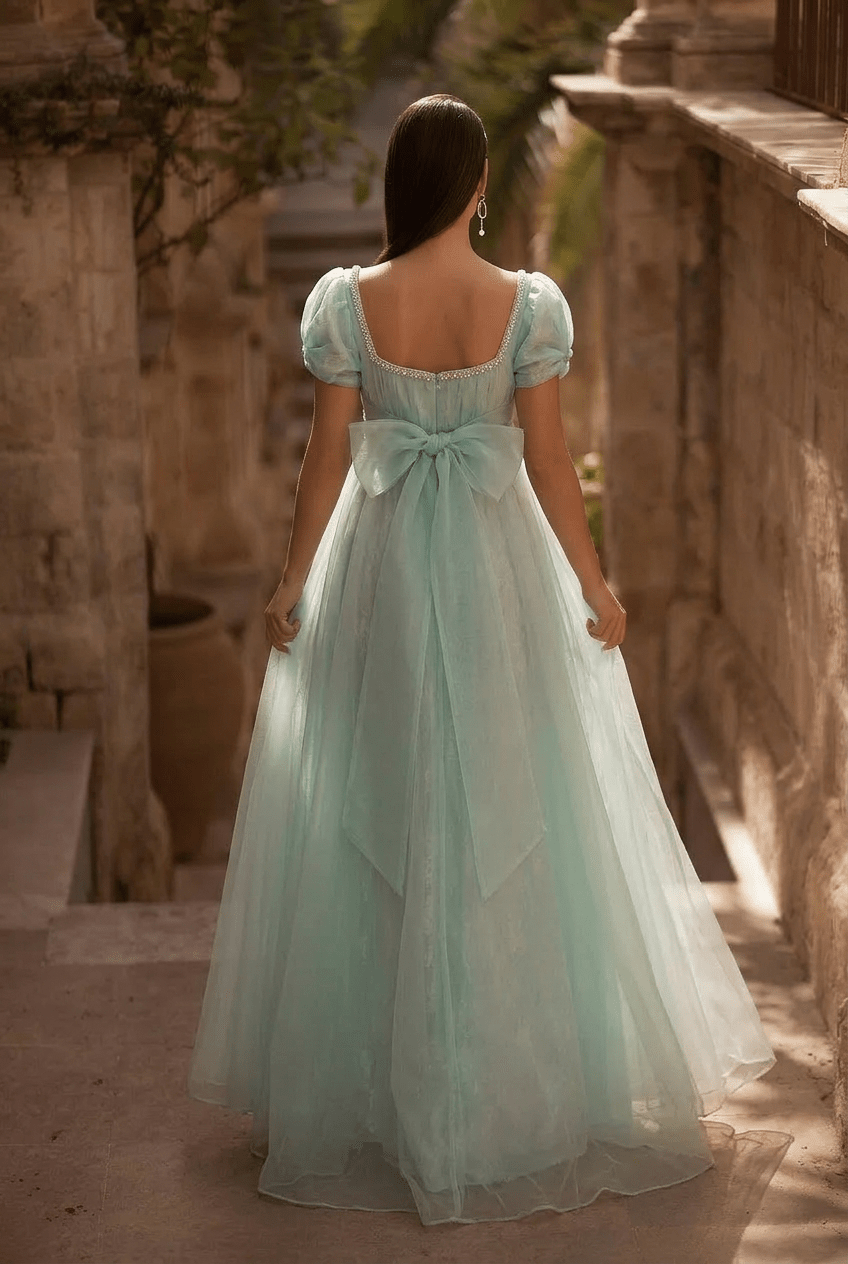 Regency Era Mint Green Empire Waist Gown with Crystal Pearl Chain Detail – Bridgerton Inspired Evening Dress Plus Size - WonderlandByLilian