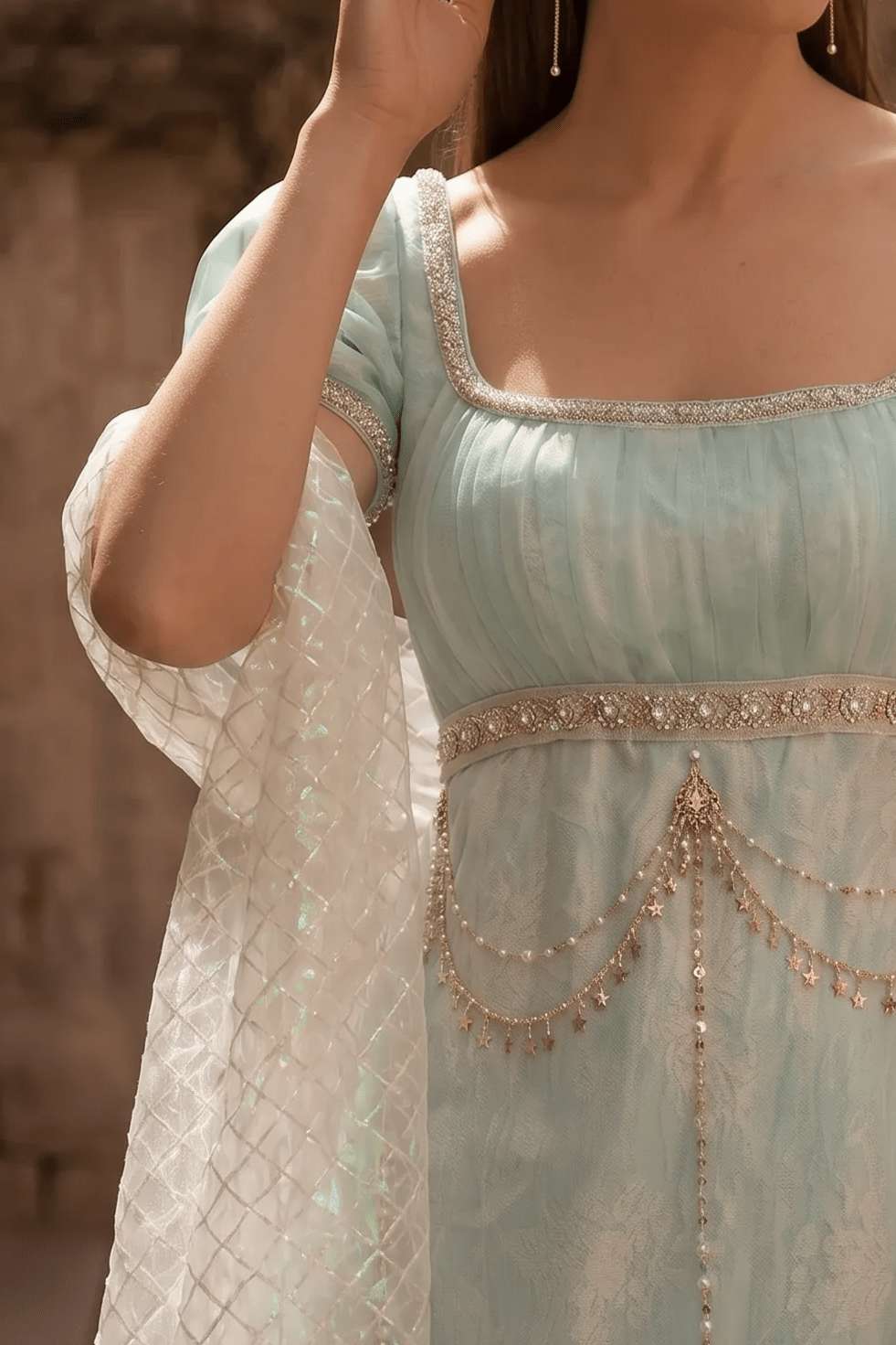 Regency Era Mint Green Empire Waist Gown with Crystal Pearl Chain Detail – Bridgerton Inspired Evening Dress Plus Size - WonderlandByLilian