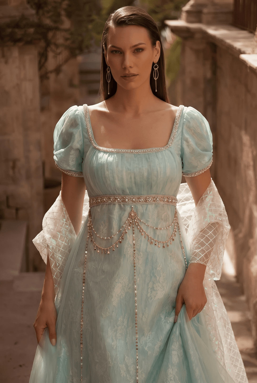 Regency Era Mint Green Empire Waist Gown with Crystal Pearl Chain Detail – Bridgerton Inspired Evening Dress Plus Size - WonderlandByLilian