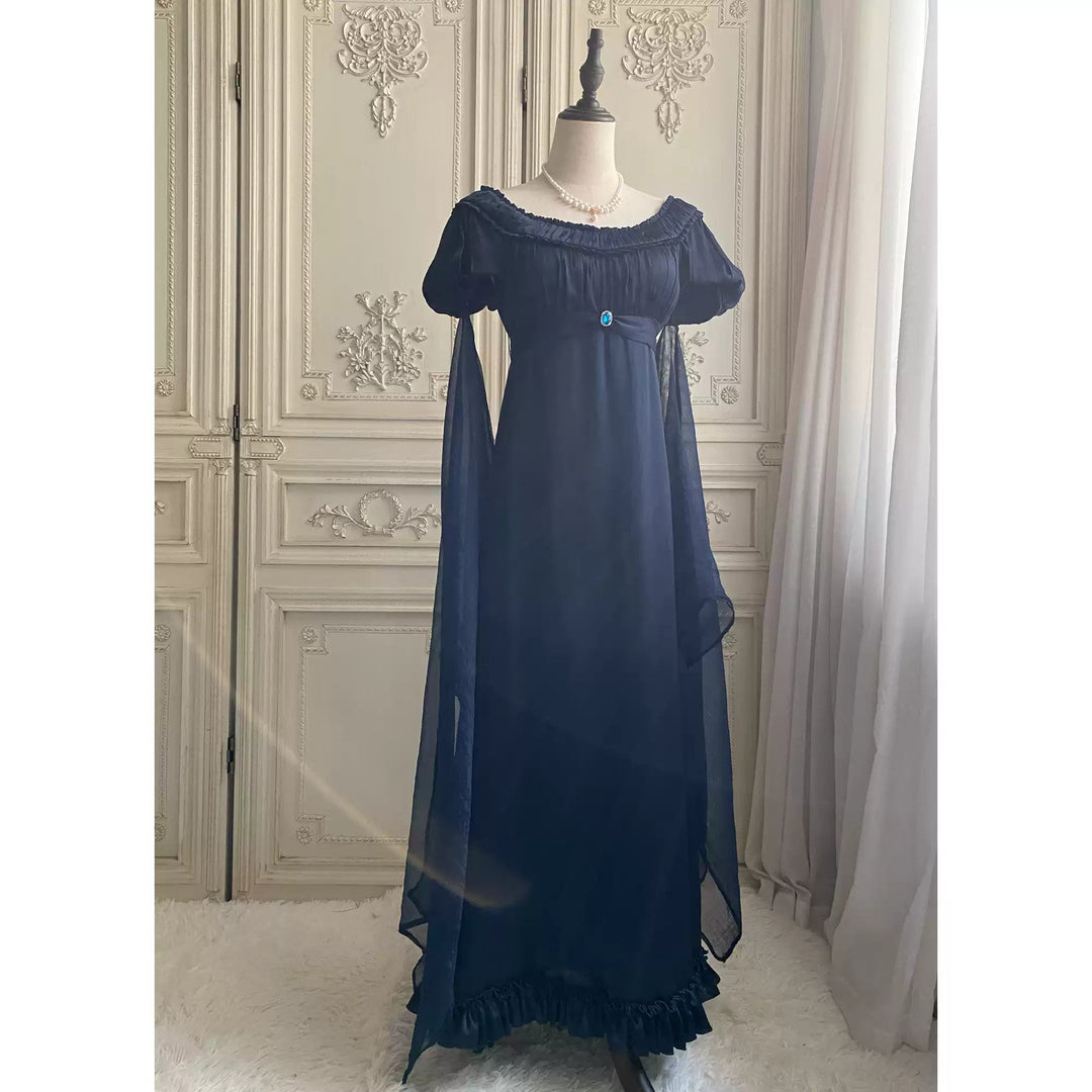 Regency Era Navy Blue Empire Waist Gown – Bridgerton Inspired Sheer Overlay Plus Size - WonderlandByLilian