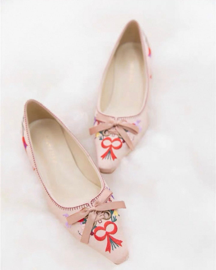 Regency Era Pink Satin Shoes - Lace Pointed Toe Flats Sandals Heels - Bridgerton Shoes - WonderlandByLilian