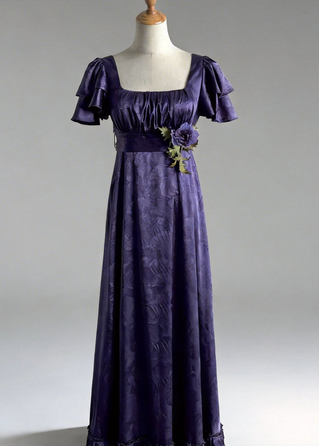Regency Era Royal Purple Empire Waist Dress with Flutter Sleeves and Floral Waist Detail – Bridgerton Inspired Vintage Gown Plus Size - WonderlandByLilian
