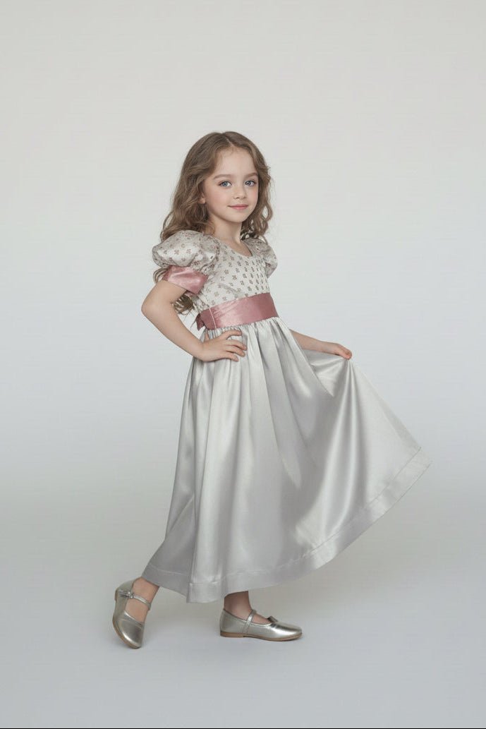 Regency Era Silver and Pink Empire Waist Satin and Jacquard Puff Sleeve Princess Dress – Bridgerton Inspired Children’s Gown Plus Size - WonderlandByLilian