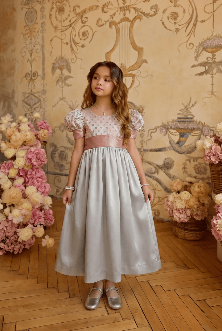 Regency Era Silver and Pink Empire Waist Satin and Jacquard Puff Sleeve Princess Dress – Bridgerton Inspired Children’s Gown Plus Size - WonderlandByLilian