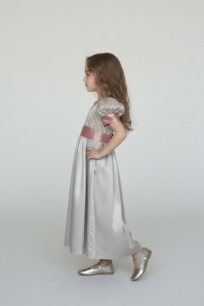 Regency Era Silver and Pink Empire Waist Satin and Jacquard Puff Sleeve Princess Dress – Bridgerton Inspired Children’s Gown Plus Size - WonderlandByLilian