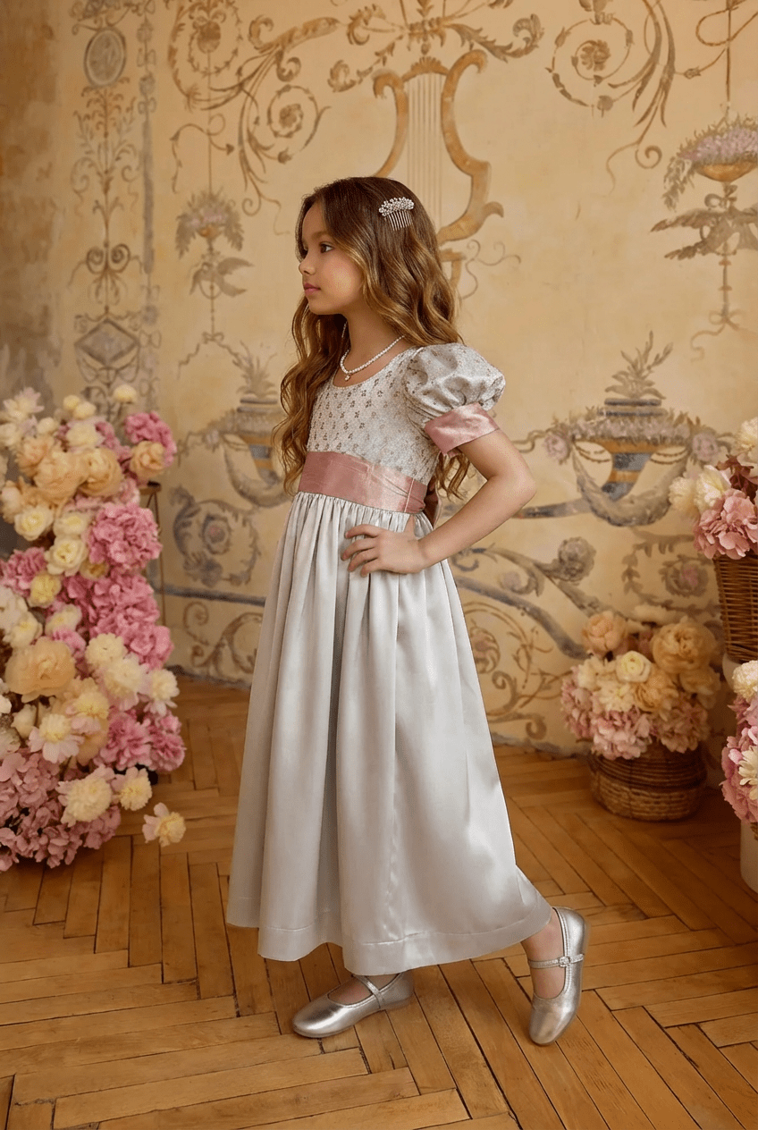 Regency Era Silver and Pink Empire Waist Satin and Jacquard Puff Sleeve Princess Dress – Bridgerton Inspired Children’s Gown Plus Size - WonderlandByLilian