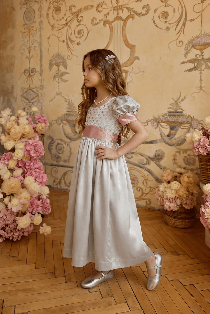 Regency Era Silver and Pink Empire Waist Satin and Jacquard Puff Sleeve Princess Dress – Bridgerton Inspired Children’s Gown Plus Size - WonderlandByLilian