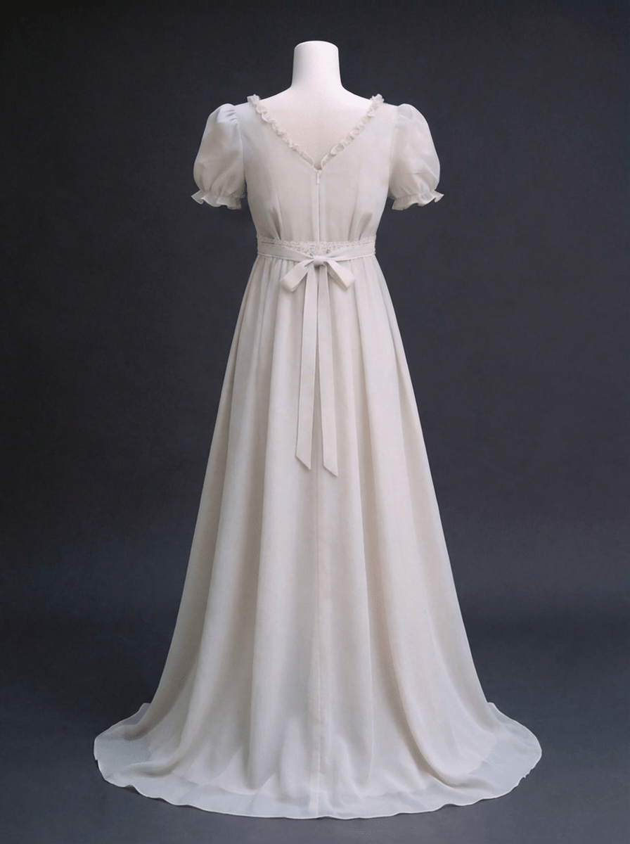 Regency Era Soft Grey Empire Waist Chiffon Dress with Puff Sleeves and Pleated Bust – Bridgerton Inspired Vintage Gown Plus Size - WonderlandByLilian