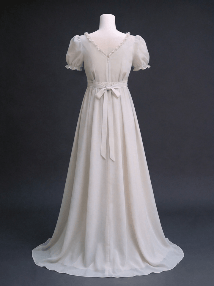 Regency Era Soft Grey Empire Waist Chiffon Dress with Puff Sleeves and Pleated Bust – Bridgerton Inspired Vintage Gown Plus Size - WonderlandByLilian